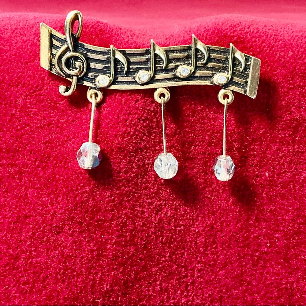 Vintage Musical Notes Brooch/Pin with Rhinestones & Dangling Beads